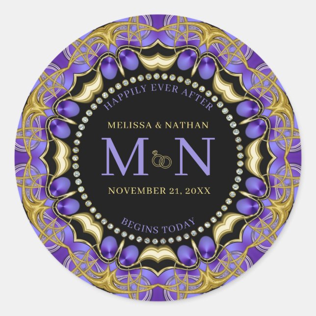 Sticker Rond Monogramme Purple Gold Diamond dentelle Mariage un (Devant)