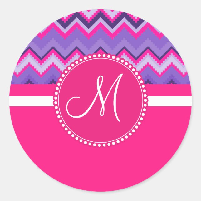 Sticker Rond Monogramme Purple Pink Tribal Chevron Zig Zags (Devant)
