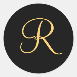 Sticker Rond Monogramme R, couleur or R initial sur noir,