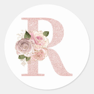 Sticker Rond Monogramme R floral pailleté or rose pâle féminin