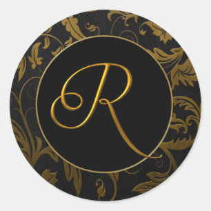 Sticker Rond Monogramme R Gold et Black Mariage damassé Seal