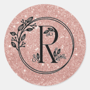 Sticker Rond Monogramme R Rose Or Blush Pink Glitter Floral