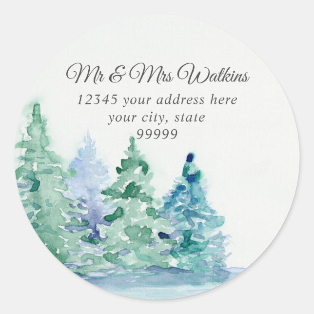 Sticker Rond Monogramme Retour Adresse Mountain Lake n Pine Tre (Devant)