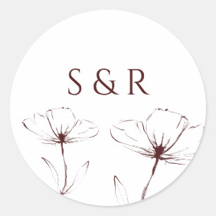 Sticker Rond Monogramme Rond Élégant en Art Linéaire Floral Bou