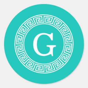 Sticker Rond Monogramme rond principal grec blanc turquoise