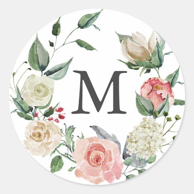Sticker Rond Monogramme Rose aquarelle (Devant)