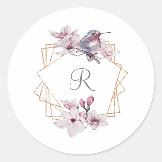 Sticker Rond Monogramme rose blanc Magnolias Bird Gold Frame (Devant)