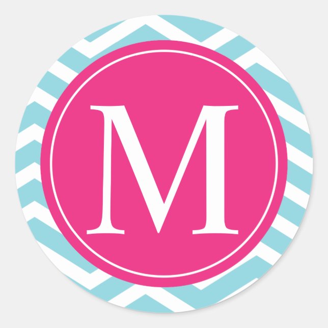 Sticker Rond Monogramme rose bleu Chevron (Devant)
