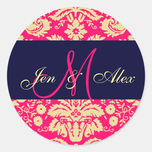 Sticker Rond Monogramme rose chaud et marine Mariage damassé Se (Devant)