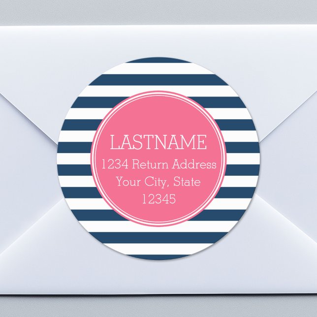 Sticker Rond Monogramme rose chaud Motif rayé blanc et marine (Custom Return Address Sticker)