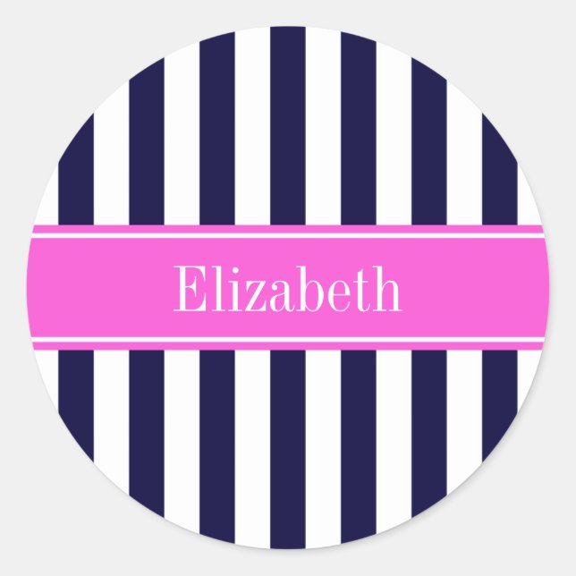 Sticker Rond Monogramme Rose Chaud Rayure Bleu Marine Blanc (Devant)