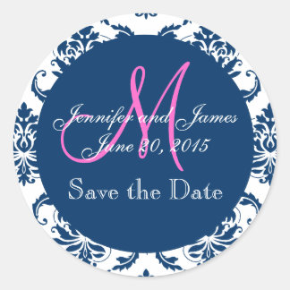 Sticker Rond Monogramme rose Damas bleu marine Enregistrer la d