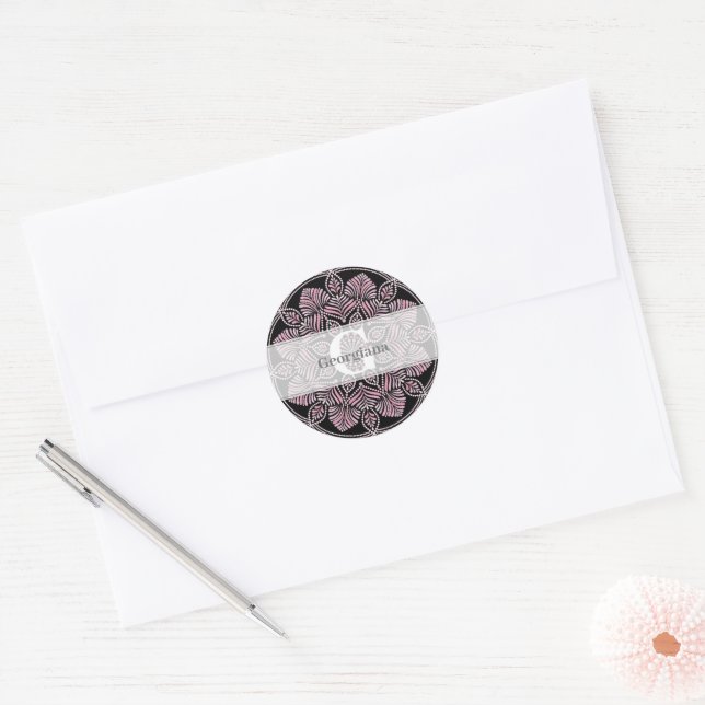 Sticker Rond Monogramme Rose Dusky Fronds Floral Dot Mandala (Enveloppe)