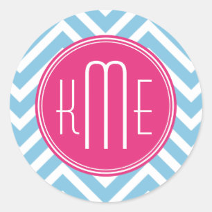 Sticker Rond Monogramme rose magenta avec Chevron bleu-clair