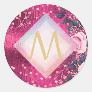 Sticker Rond Monogramme rose métallique Rosegold Marine Parties