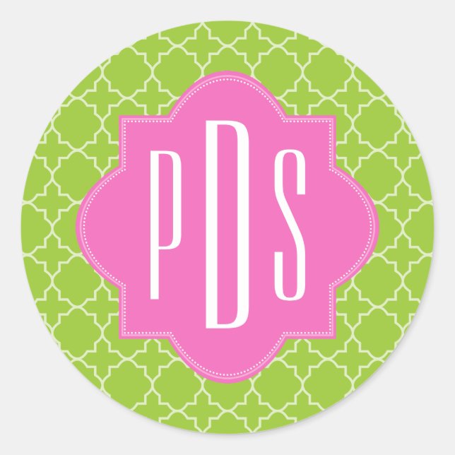 Sticker Rond Monogramme rose + vert Quatrefoil (Devant)