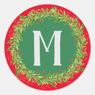 Sticker Rond Monogramme Rouge et vert Wreath Noël