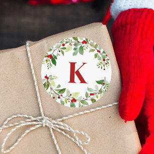 Sticker Rond Monogramme rouge rustique Holly Feuilles Berries N