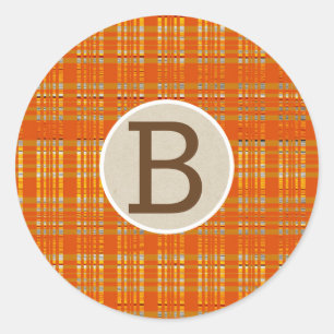 Sticker Rond Monogramme rustique Brown Kraft Plaid et orange In