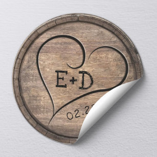 Sticker Rond Monogramme rustique Coeur Élégant Mariage en bois