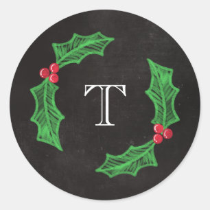 Sticker Rond Monogramme rustique de tableau de Noël gai de houx
