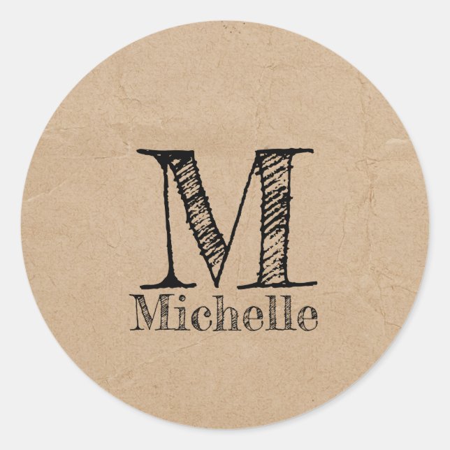 Sticker Rond Monogramme Rustique Kraft papier Brown Look (Devant)