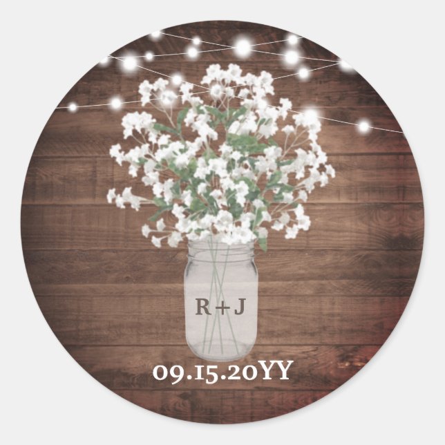 Sticker Rond Monogramme rustique Mason Jar Vase Mariage (Devant)