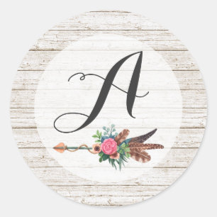 Sticker Rond Monogramme Rustique Plumes de Bohême Mariage Flèch