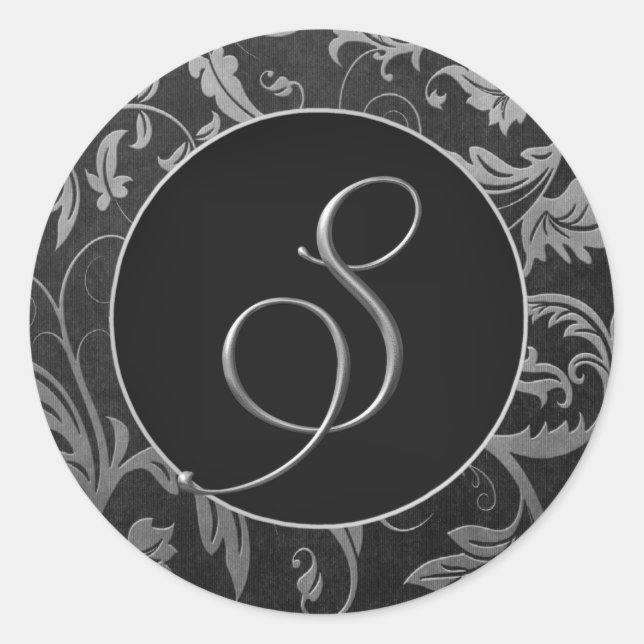 Sticker Rond Monogramme S Silver et Black Mariage damassé Seal (Devant)