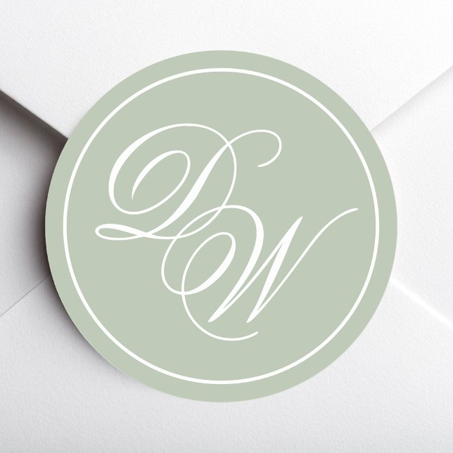 Sticker Rond Monogramme Sage Vert Simple Blanc Script 2 Initial (Créateur téléchargé)