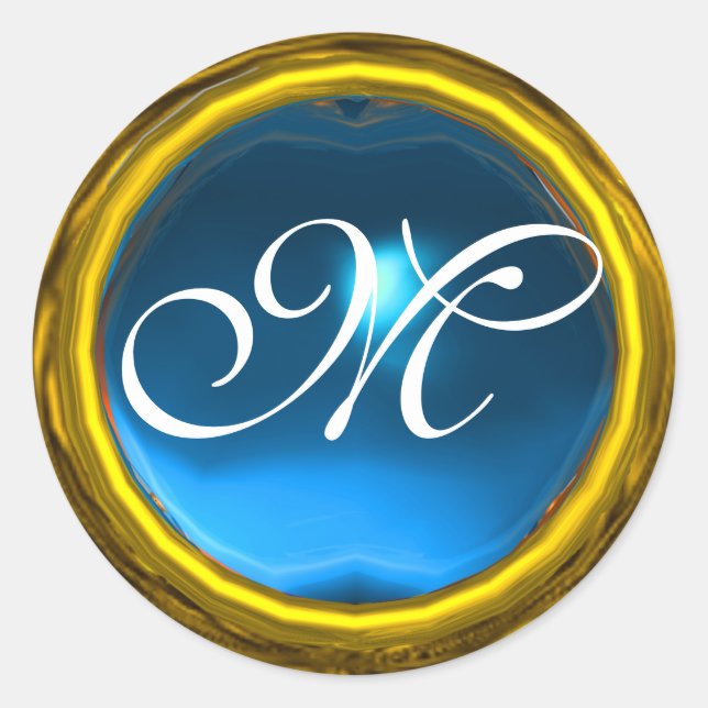 Sticker Rond MONOGRAMME SAPPHIRE MAGIQUE brillant jaune bleu (Devant)