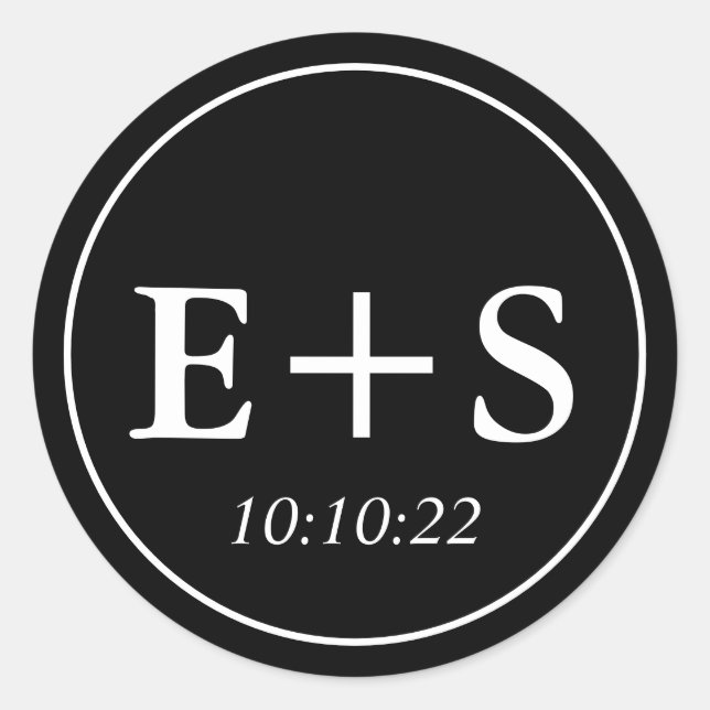 Sticker Rond Monogramme | Sceau d'enveloppe de mariage noir et  (Devant)