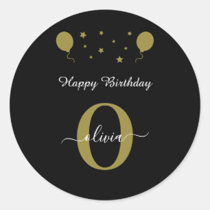 Sticker Rond Monogramme Script Bonne Anniversaire Noir Blanc Or