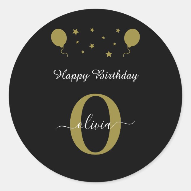Sticker Rond Monogramme Script Bonne Anniversaire Noir Blanc Or (Devant)