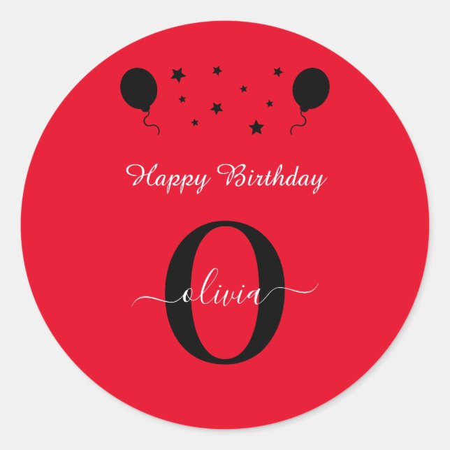 Sticker Rond Monogramme Script Bonne Anniversaire Rouge Noir Bl (Devant)