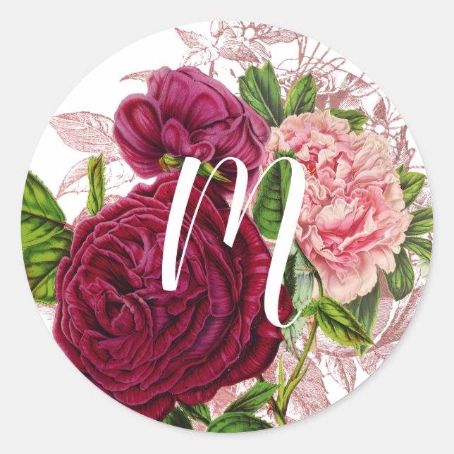 Sticker Rond Monogramme Script | Fleurs Rose et Bourgogne (Devant)