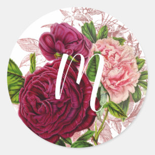 Sticker Rond Monogramme Script   Floral Blush et Bourgogne