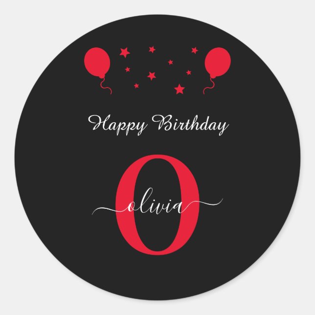 Sticker Rond Monogramme Script Joyeux anniversaire Noir Blanc R (Devant)