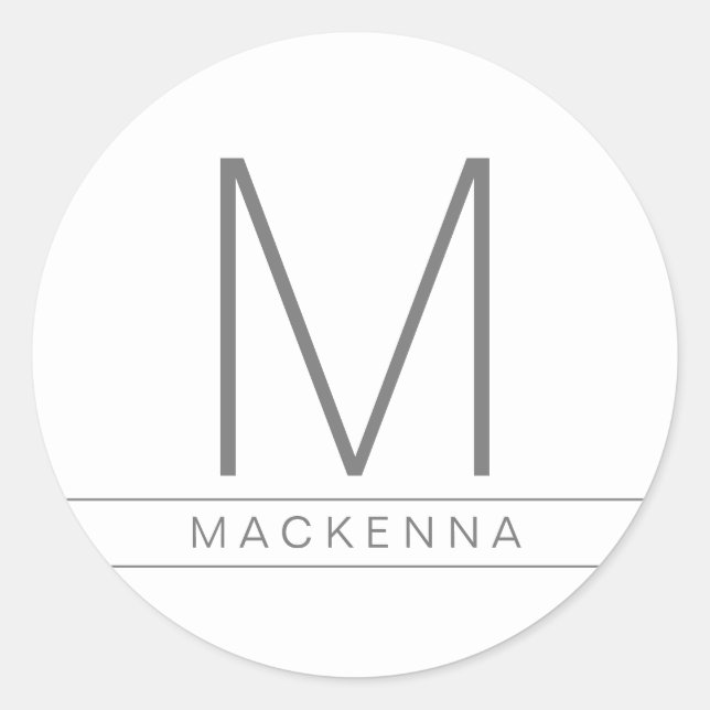 Sticker Rond Monogramme simple moderne Nom Gris Blanc (Devant)