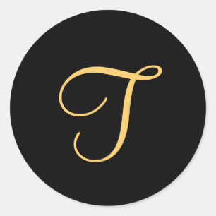 Sticker Rond Monogramme T, de couleur or, T initial sur le noir