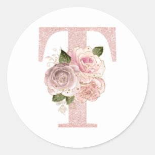 Sticker Rond Monogramme T floral pailleté or rose pâle féminin