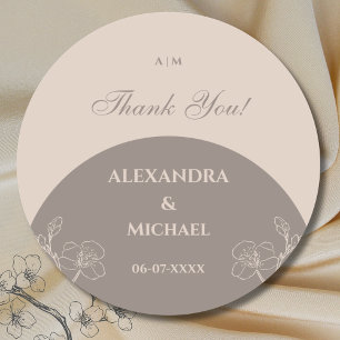 Sticker Rond Monogramme Taupe Floral Japandi Merci Mariage