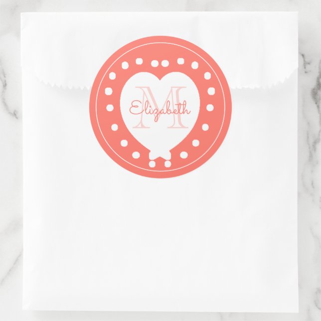 Sticker Rond Monogramme tendance Coral Coeur blanc (Sac)