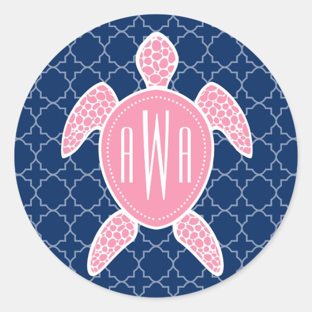 Sticker Rond Monogramme Tortue de mer rose bleu Quatrefoil (Devant)