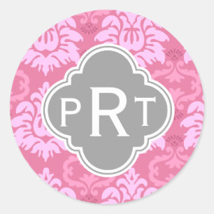 Sticker Rond Monogramme trio damassé rose