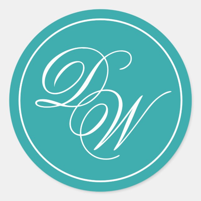 Sticker Rond Monogramme turquoise 2 Initiales Calligraphie blan (Devant)