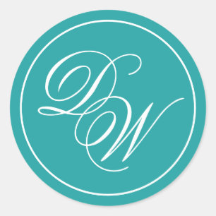 Sticker Rond Monogramme turquoise 2 Initiales Calligraphie blan