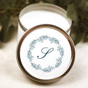 Sticker Rond Monogramme Turquoise Blue Wreath Classic Script Ma