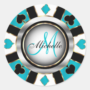 Sticker Rond Monogramme Turquoise Casino Poker Design Chip