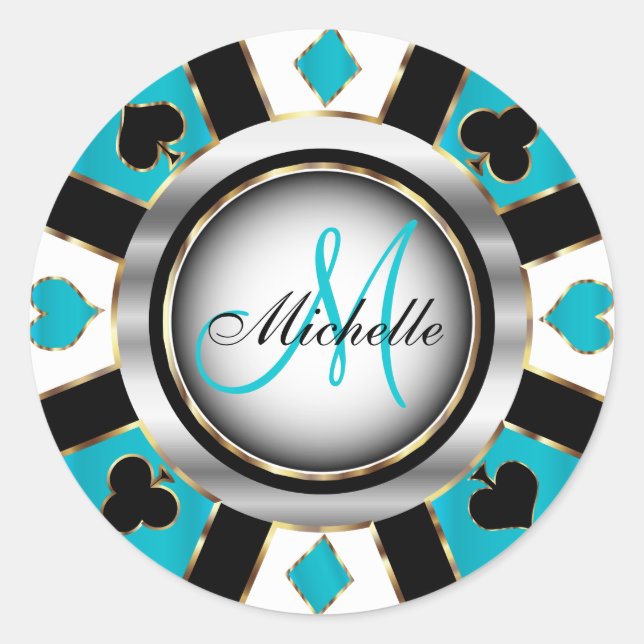 Sticker Rond Monogramme Turquoise Casino Poker Design Chip (Devant)